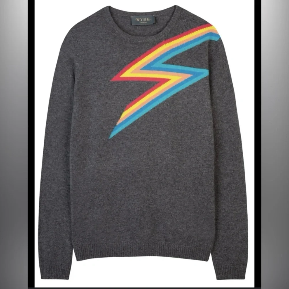 Gray Crewneck Sweater with Red Lightning Bolt